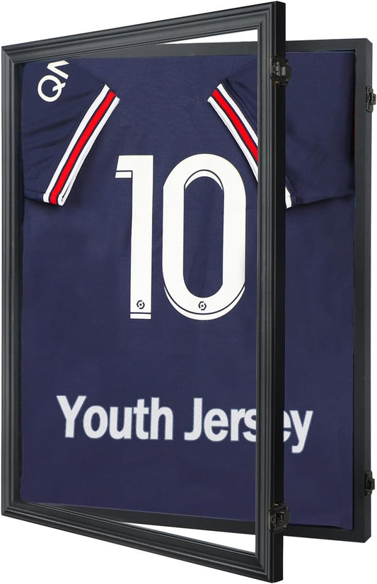 IHEIPYE Kids Jersey Frame Display Case Lockable, Sport Jersey Shadow Box with 98% UV Protection Acrylic and Hanger for Baseball Basketball Football Soccer and Uniform, Small-Black Locks
