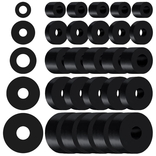 30 PCS Rubber Spacer 5 Sizes Black Non-Slip Thick Grommets Vibration Isolation Round Rubber Flat Washers Spacers Washers for Home and Car Accessories
