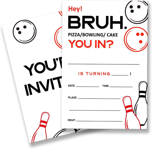 Bowling Birthday Invitation Supplies with Envelopes Set of 20 Bruh Birthday Invitation Fill in Blank, Double Sided