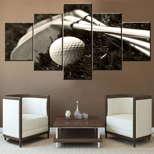 Golfing Art for Walls Black and White Pictures Golf Club in Meadow Paintings for Living Room 5 Panel Prints on Canvas Meadow Artwork Giclee House Decor Stretched and Framed Ready to Hang(60''Wx32''H)