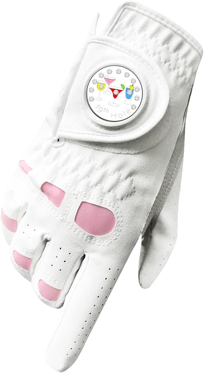 Golf Gloves Women Leather with Ball Marker 3 Pack, Left Hand Right Stylish Pink by AmySport