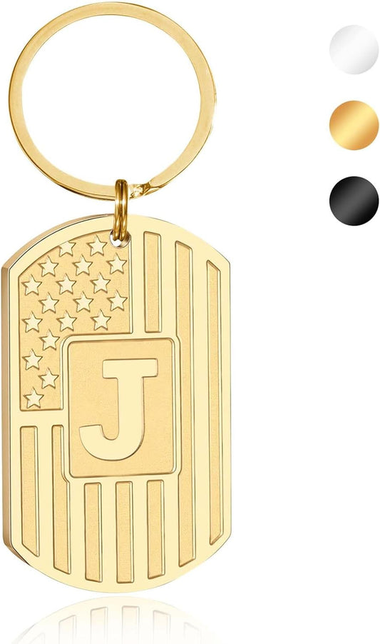 Initial Keychain Gifts for Men,A-Z Letter American Flag Dog Tag Stainless Steel Keychain,Mens Accessories Gift