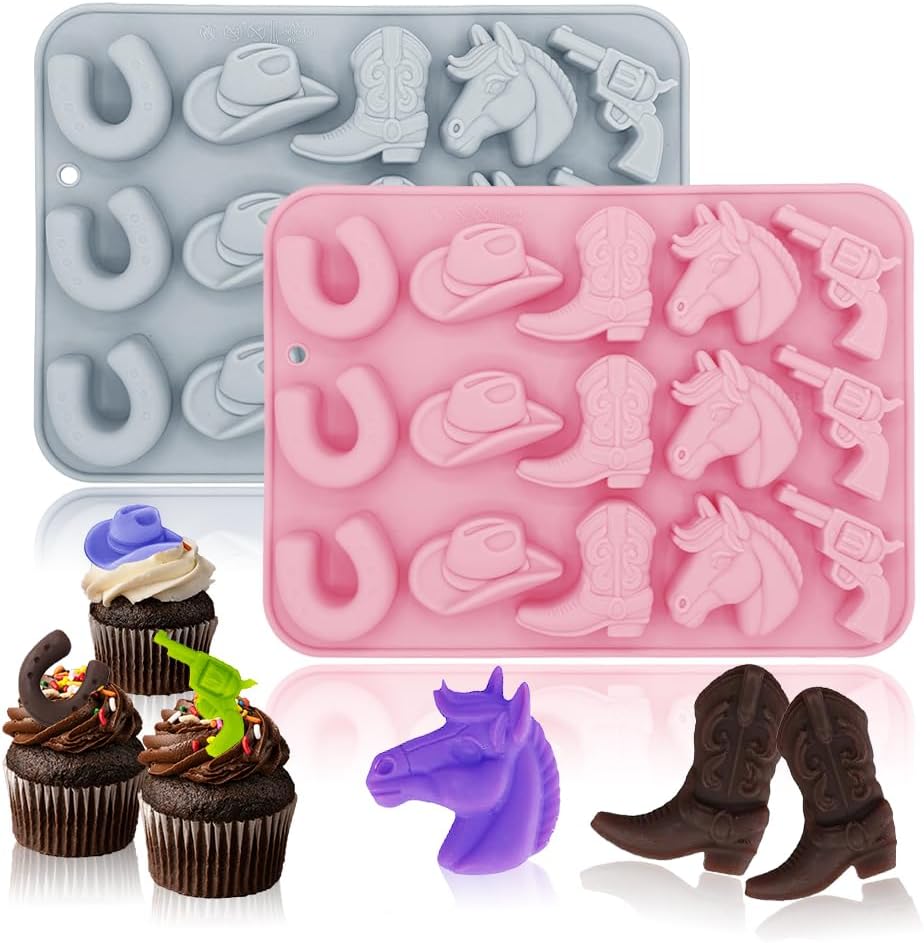 2 Pack Cowboy Chocolate Silicone Molds 3D Western Themed Baking Mould Tray DIY Baking Tool with Cowboy Hat, Boot & Horse for Chocolate Cake Dessert Candy Mousse Pastry Handmade Soap Cupcake Topper