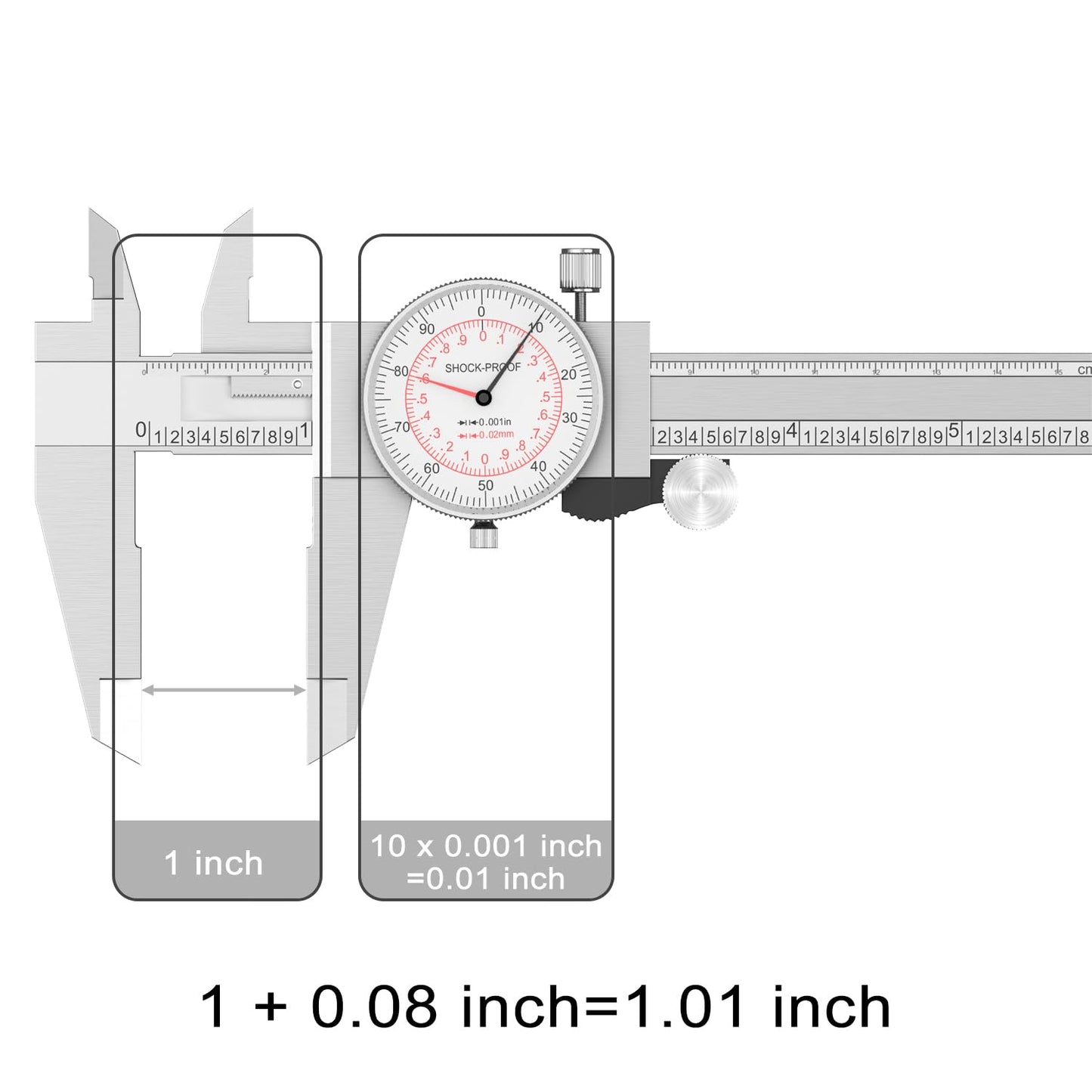HDLNKAK Dial Caliper 0-6"/150mm Dual Reading Scale, Inch/Metric SAE Standard, Stainless Steel Caliper Measuring Tool Accurate to 0.001”/ 0.02 mm, Silver