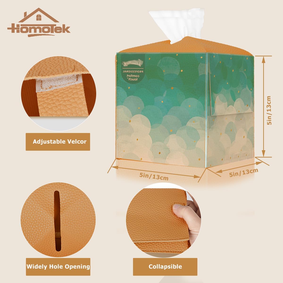 HOMOTEK 2 Pack Tissue Box Cover, Square PU Leather Tissue Holder, Decorative Facial Tissue Cube Paper Organizer Dispenser for Bathroom, Night Stands, Desk, Car 5X5X5'' - Camel, Pebble Grain