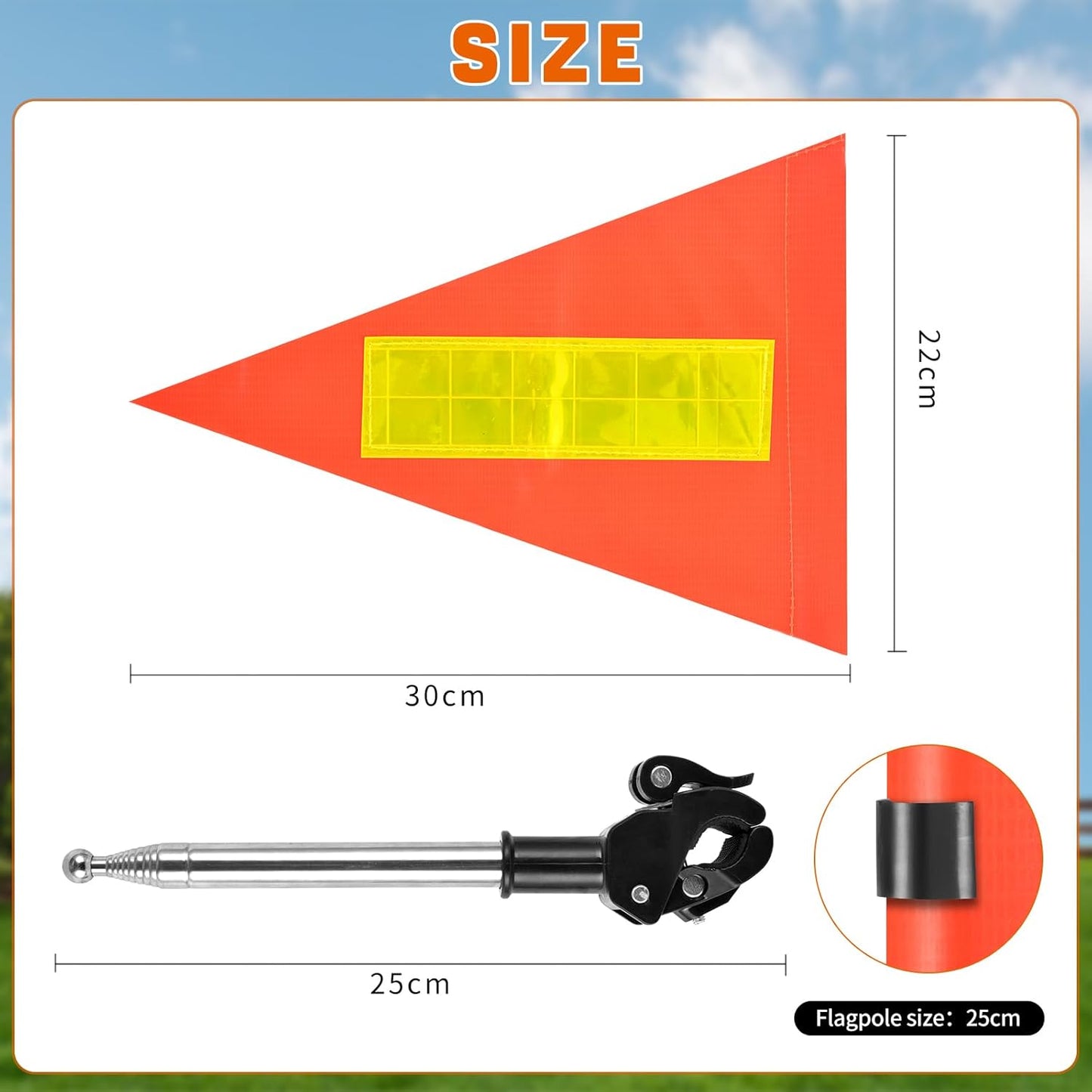 2 Pack Reflective Safety Flag - 22X30cm Orange, Telescopic Pole, Mount for Golf Carts & Wheelchairs
