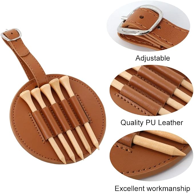 Leather Golf Tees Holder with 5 PCS Wooden Golf Tees 3-1/4 Inch Hook to Golf - Image 3