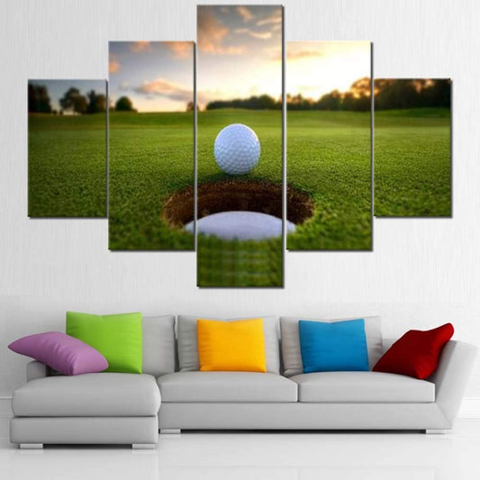 Golf Cours Paintings Golf Ball at Sunset Pictures Green Field Wall Art for Living Room 5 Piece Printed on Canvas Contemporaray Artwork House Decor Famed Gallery-Wrapped Ready to Hang(60''W x 40''H)