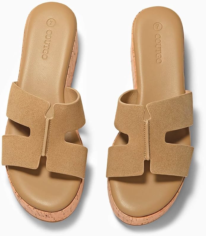 Coutgo Women's Platform Wedge Sandals Open Toe Slip On Slides Cork Heeled - Image 5