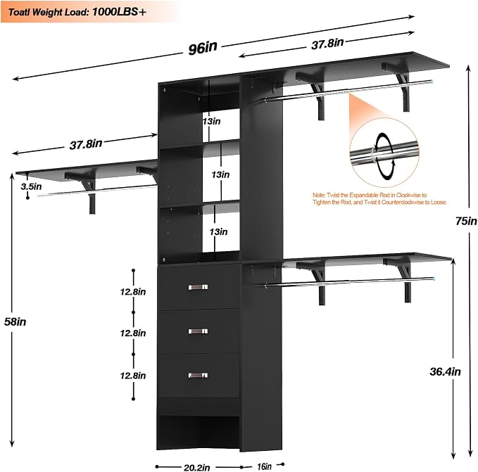8FT Closet System, Wall Mount Bedroom Wardrobe - Image 8