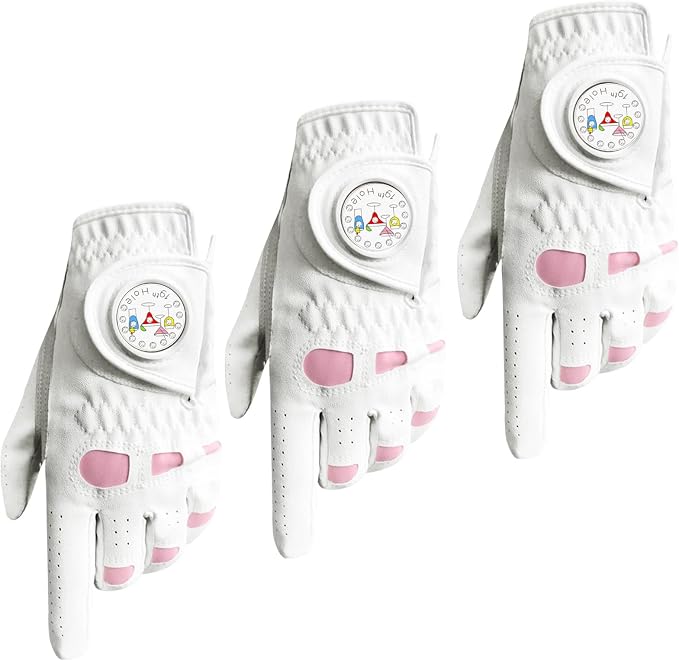 Golf Gloves Women Leather with Ball Marker 3 Pack, Left Hand Right Stylish Pink by AmySport