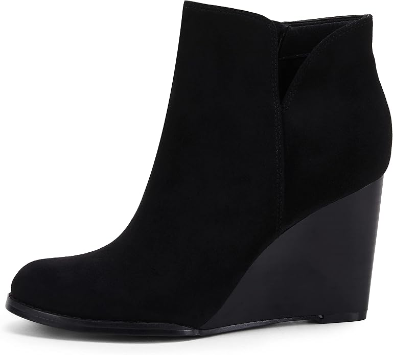 LAICIGO Womens V Cut Wedge Ankle Booties Zip-up Closed Toe Stacked Heel Faux - Image 2
