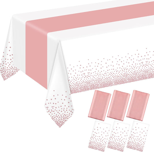 6 Pack Rectangle Plastic Dot Tablecloth Set, 54 X 108 Inch Plastic Table Cover, 12 x 108 Inch Satin Table Runners for Wedding Graduation Birthday New Year Party Decorations (White, Rose Gold)