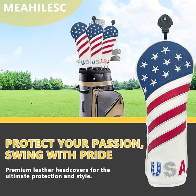 Golf American Style Head Cover Golf Club Blue and White Leather Headcovers Set - Image 8