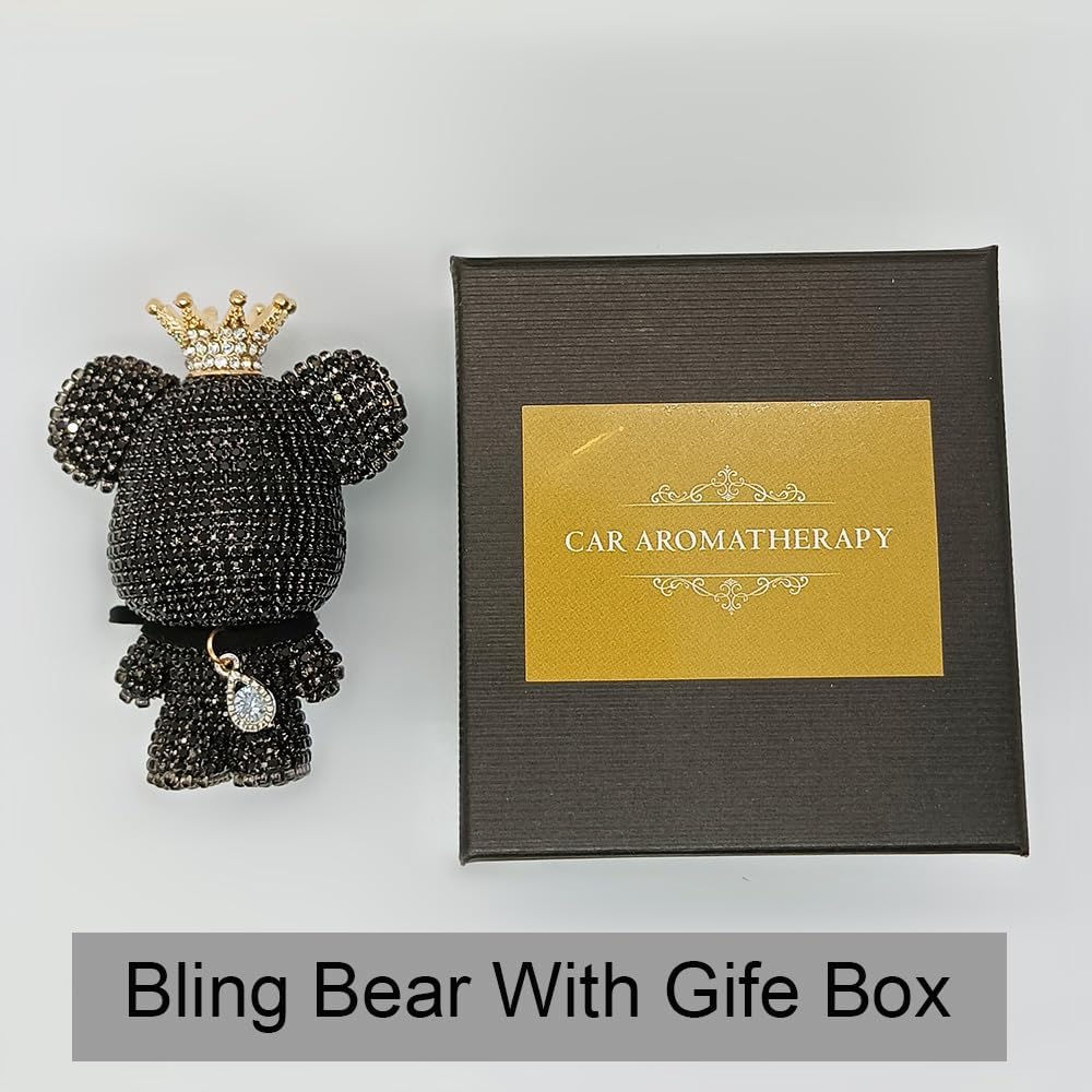 Handmade Bling Rhinestone Bear Car Air Freshener Cute Ornaments Car Vent Clips Accessories Perfume Clip Aromatherapy Diffuser Fragrance Cotton Pad Car Interior Decoratio Women Girl (Black)