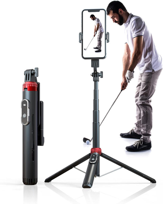 62" Phone Tripod & Selfie Stick for Golf Training, Extendable Cell Phone Tripod Stand with Wireless Remote and Phone Holder, Golf Training Aid - Compatible with iPhone Android iPhone