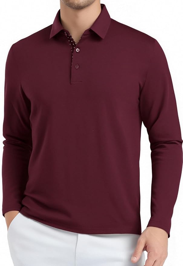Alex Vando Mens Golf Shirt Moisture Wicking Quick-Dry Solid Long Sleeve Polo - Image 2