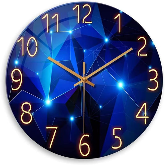Blue Wall Clock Battery Operated 14 Inch Modern Wall Clock Non Ticking Glass Clock for Living Room