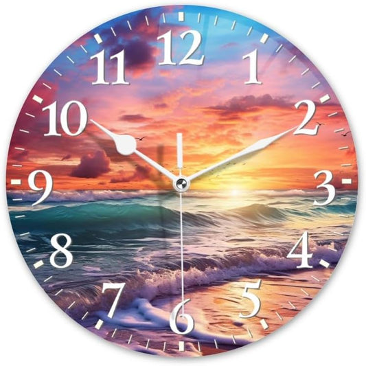 Beach Wall Clock Non-Ticking Silent Clocks Battery Operated Analog Decor Clock for Home-Beautiful Beach Sunset with Colorful Clouds and Waves(10inch)