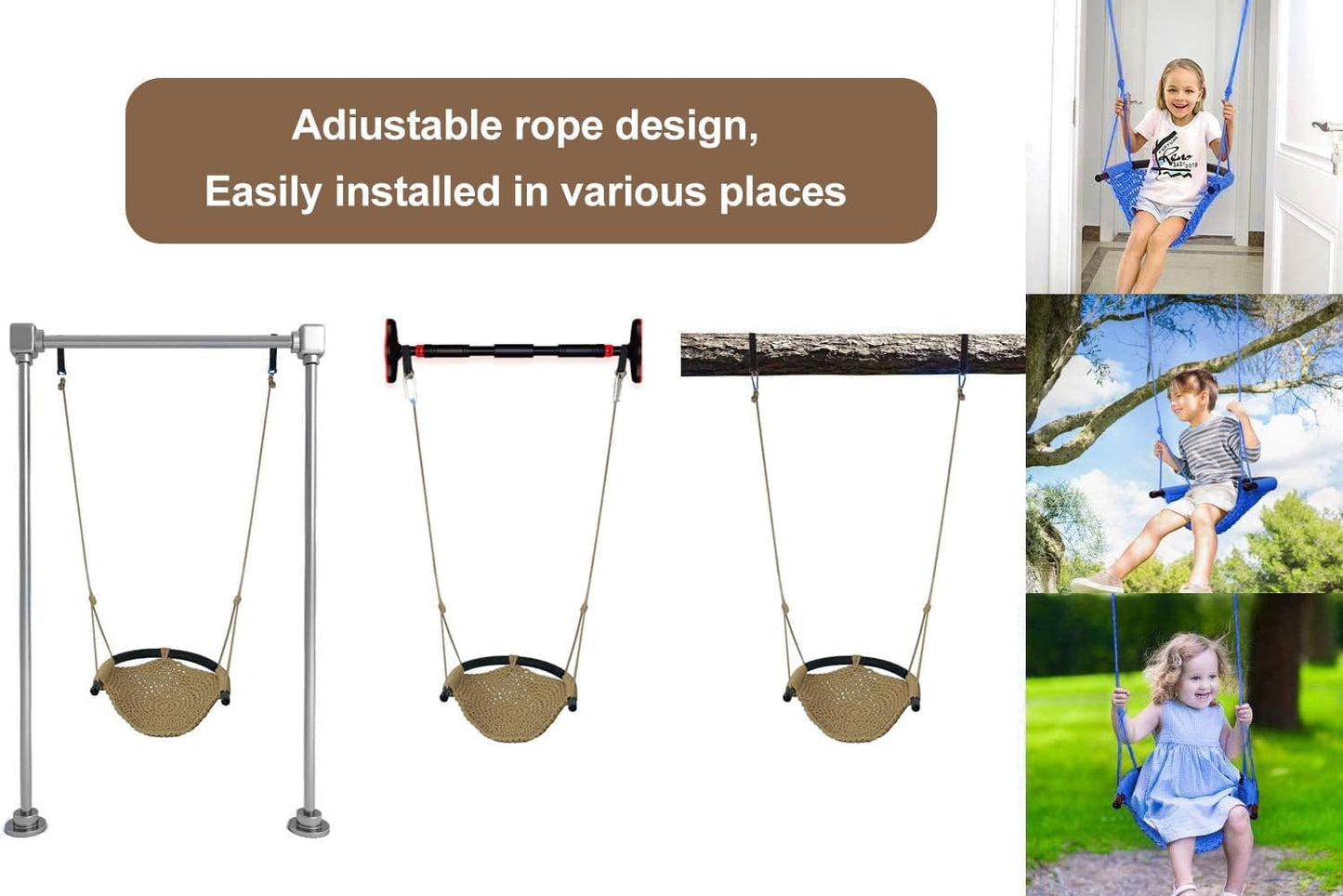 Hand-Knitting Toddler Swing, Swing Seat for Kids with Adjustable Ropes, Little tikes Swings Set, for Outdoor Indoor, Playground, Backyard (Brown-2 Pack)