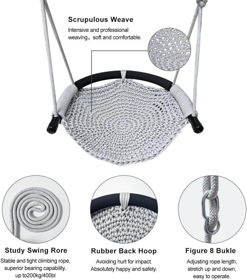 Hand-Knitting Toddler Swing Seat for Kids with Adjustable Ropes, Little tikes Swings Set, for Outdoor Indoor, Playground, Backyard (Gray)