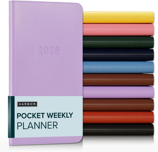 Harbor Pocket Weekly Monthly Planner 2025-2026 - Calendar Planner and Notebook, Durable Faux Leather, 192 Pages, Softcover & Book Bound - Cambridge Lavender - 6 x 3.25 "