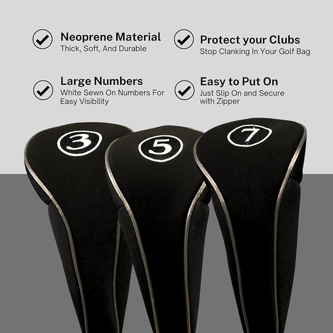 Black Golf Zipper Head Covers 3 5 7 Fairway Woods Headcovers Metal Neoprene - Image 5