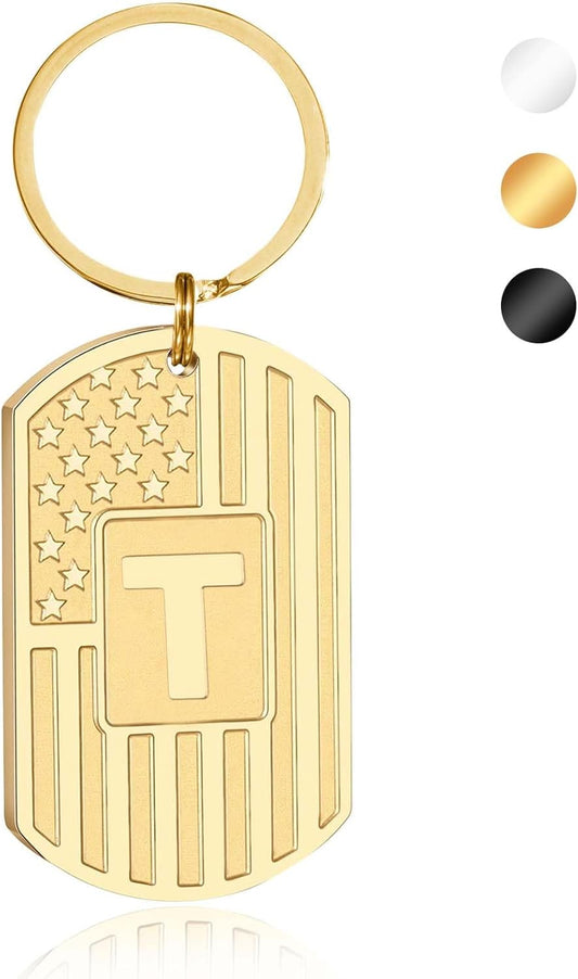Initial Keychain Gifts for Men,A-Z Letter American Flag Dog Tag Stainless Steel Keychain,Mens Accessories Gift