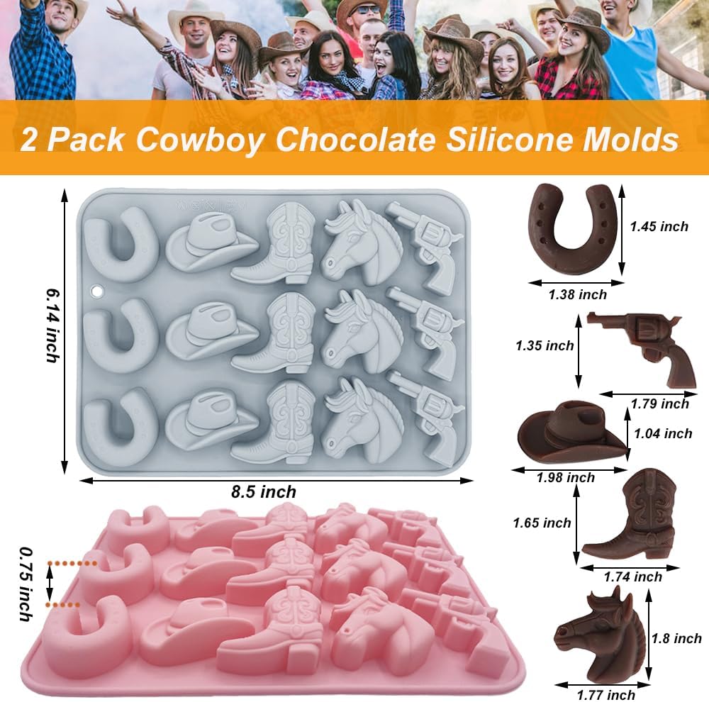 2 Pack Cowboy Chocolate Silicone Molds 3D Western Themed Baking Mould Tray DIY Baking Tool with Cowboy Hat, Boot & Horse for Chocolate Cake Dessert Candy Mousse Pastry Handmade Soap Cupcake Topper