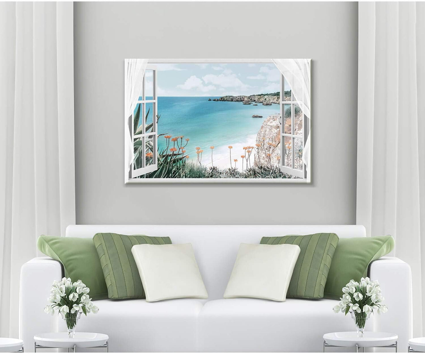 Hardy Gallery Coastal Painting Seascape Wall Art: Open Window View Picture Blue Ocean & Beach Artwork on Canvas for Bedroom (45'' x 30'' x 1 Panel)