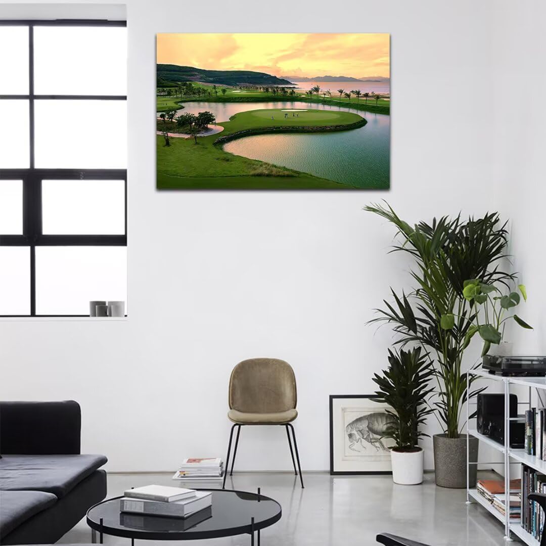 HJY Art USA Golf Course Wall Art for Gym Pebble Beach Golf Course Wall Decor Yellow Green Abstract Painting Poster for Home Decor Living Room Bedroom Bathroom Office Artwork (28 x 44 inch)