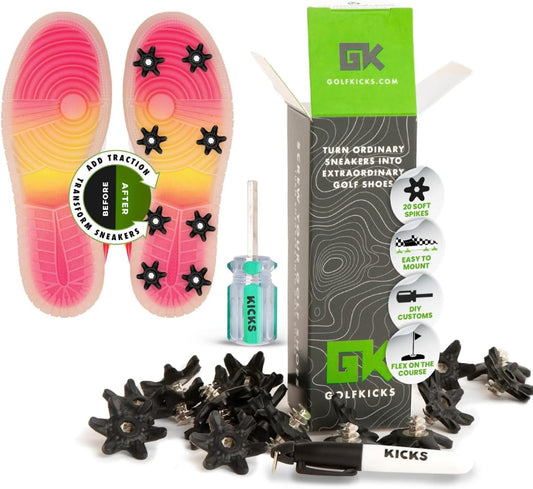 Golfkicks DIY Golf Cleats Kit Transform Sneakers into Golf Shoes Fun Gift Compatible with Flat Rubber Sole Shoes Includes 20 Golf Spikes and Mounting Tools