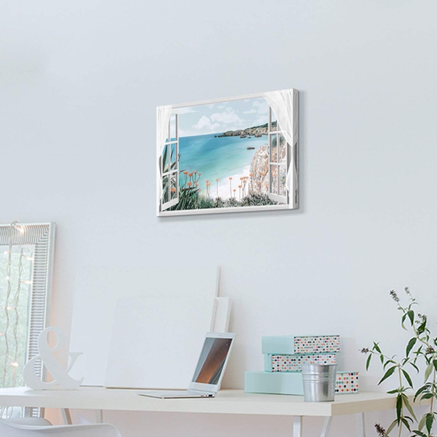 Hardy Gallery Coastal Painting Seascape Wall Art: Open Window View Picture Blue Ocean & Beach Artwork on Canvas for Bedroom (16'' x 12'' x 1 Panel)