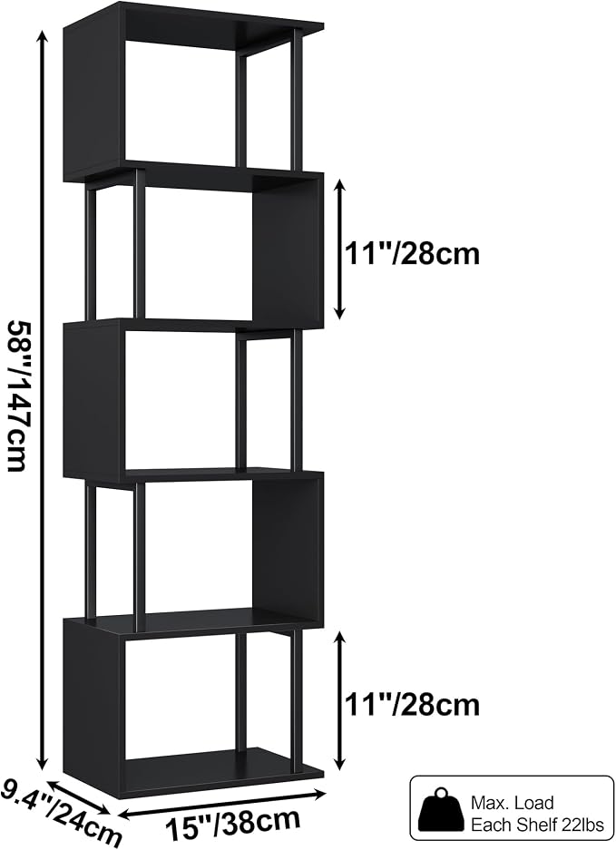 Yusong Bookshelf 5-Tier, Geometric Bookcase S Shaped Book Shelves - Image 3