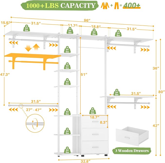 Aheaplus Closet System with Drawers, Closet Organizer System Storage with - Image 7