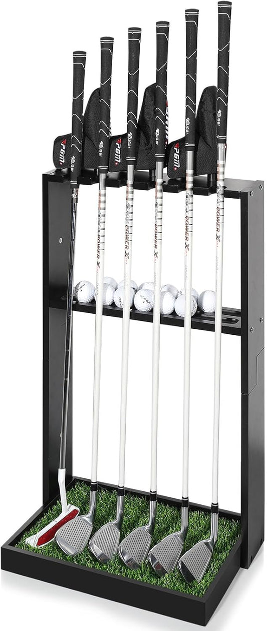 Golf Putter Stand, Premium Wooden Golf Club Rack for 6 Clubs, 18 Balls & 3 Putter Covers Storage, Golf Putter Stand, Floor Display Rack for Indoor Home Office Club Simulator