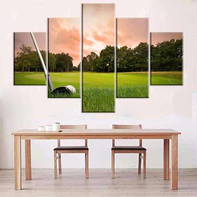 5 Pieces Canvas Wall Art Golf Course at Sunset Red Paintings - Image 3