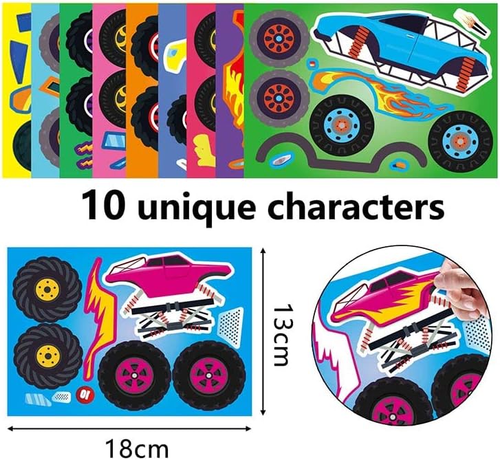 20 PCS Monster Truck Make Your Own Stickers with 10 Designs Truck Party Favors for Monster Truck-Themed Birthday Party Decorations Favor Supplies Education Toy Art Craft Activities Birthday Gift