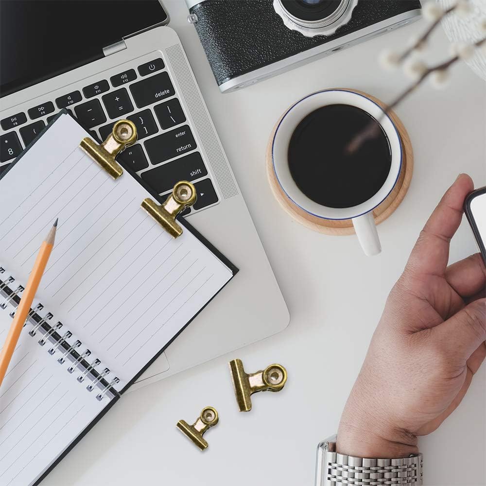 20 Pack Metal Clips with 20 Push-pins for Corkboard,Bulldog Clips for Hanging Pictures,Small Hinge Clips for Crafts,Mini Binder Clips Paper File Clamps for Office School(Bronze,1.2inch)