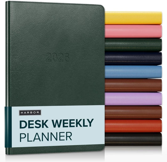 Harbor Desk Weekly Monthly Planner 2025-2026 - Calendar Planner and Notebook, Durable Faux Leather, 192 Pages, Softcover & Book Bound - Leida Pine - 8x5.5"