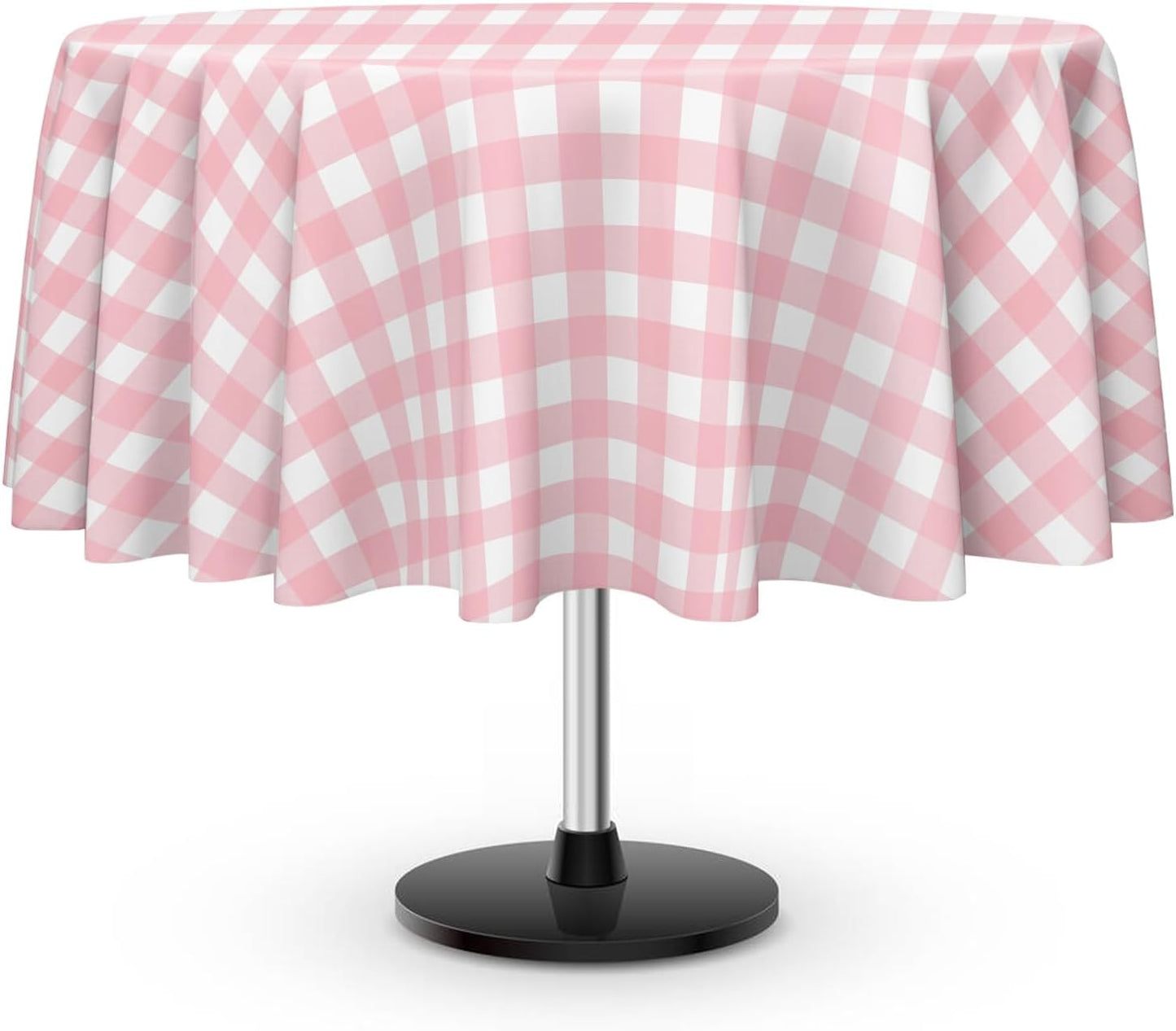 12 Pack Pink and White Checkered Tablecloth, Round Pink Gingham Plastic Table Cloths for Parties Disposable, 84x84 in Waterproof Camping Tablecloth for Birthday Party Baby Shower Picnic School