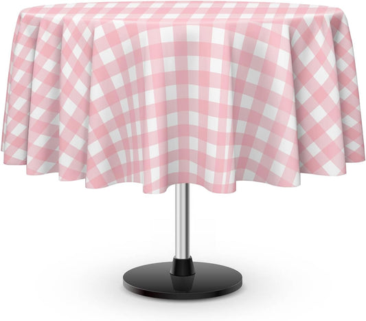 3 Pack Pink and White Checkered Tablecloth, Round Pink Gingham Plastic Table Cloths for Parties Disposable, 84x84 in Waterproof Camping Tablecloth for Birthday Party Baby Shower Picnic School