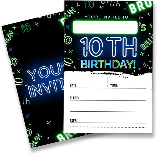 Boy 10Th Birthday Invitation Supplies with Envelopes Set of 20 Bruh You're Invited Birthday Party Invites Fill in Blank, Double Sided
