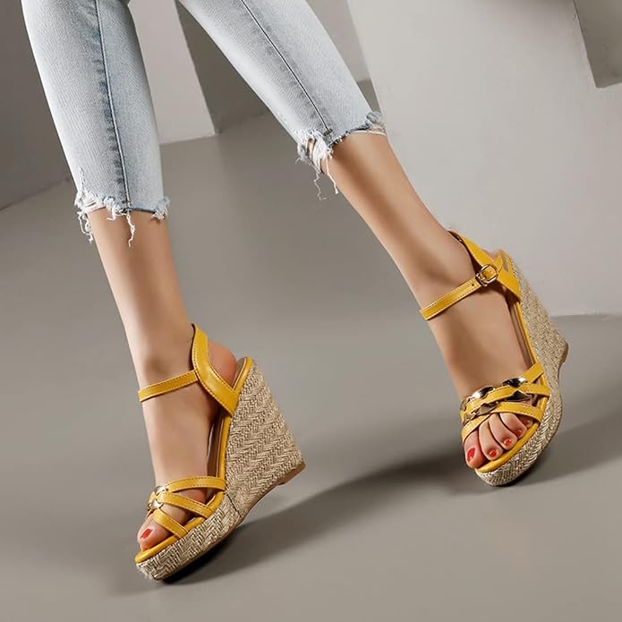 VOKLIN Women's Casual Espadrilles Wedge Sandals Open Toe Ankle Strap Metallic - Image 5