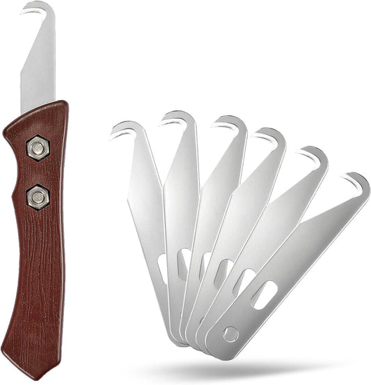 7pcs Club High-Carbon Steel Single-End Hook Knife Set with Wood-Grip Handle & Pre-Lubricated Blades - Golf Club/Bike Grip Removal Tool
