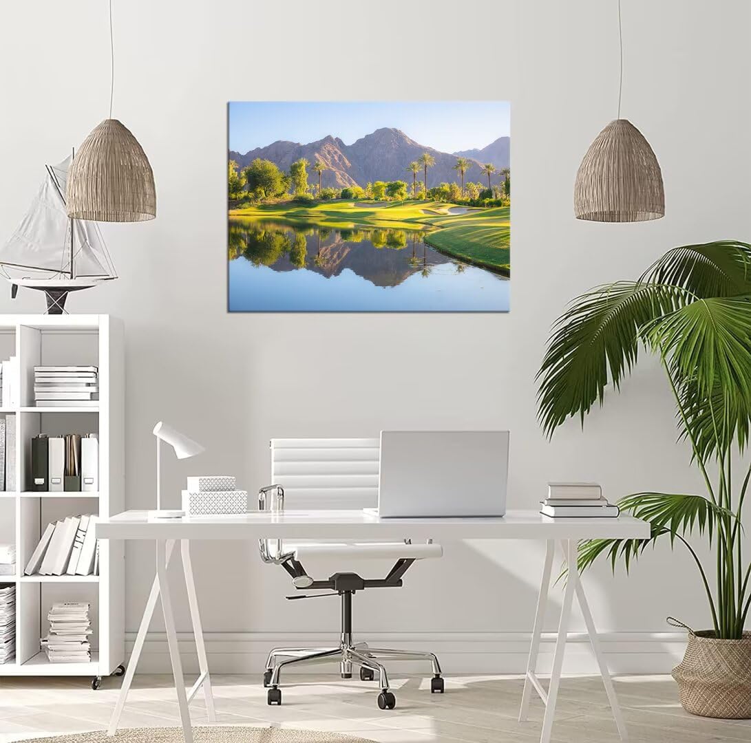 HJY Art USA Golf Course Wall Art California Golf Wall Decor Blue Green Landscape Painting Poster for Home Decor Living Room Bedroom Office Club Gym Framed Artwork Ready to Hang (18 x 24 inch)