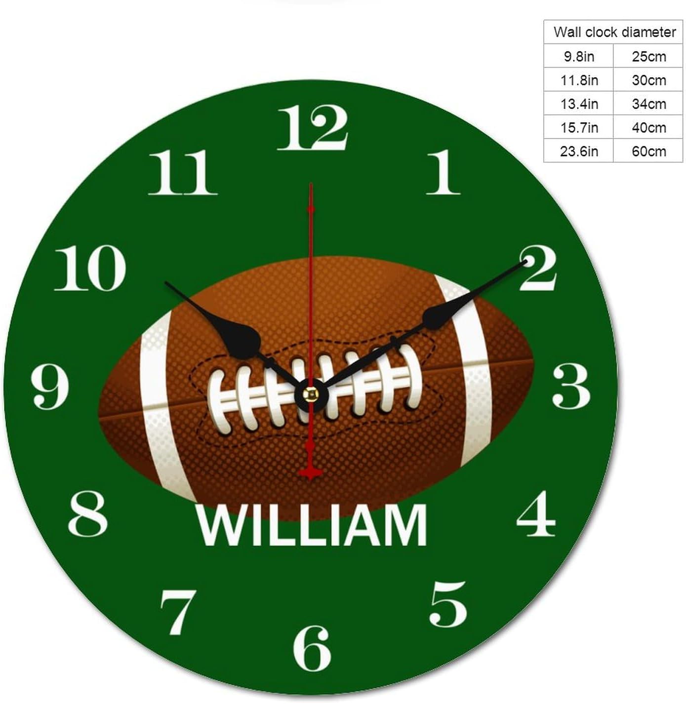 10 inch Personalized Name Football Wall Clocks Battery Operated for Kids Bedrooms Nursery School Playroom Decor,Custom Kids Name Wall Clock,Rugby Wood Round Clock Silent
