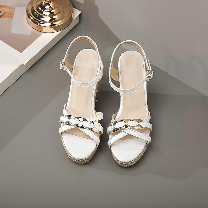VOKLIN Women's Casual Espadrilles Wedge Sandals Open Toe Ankle Strap Metallic - Image 2