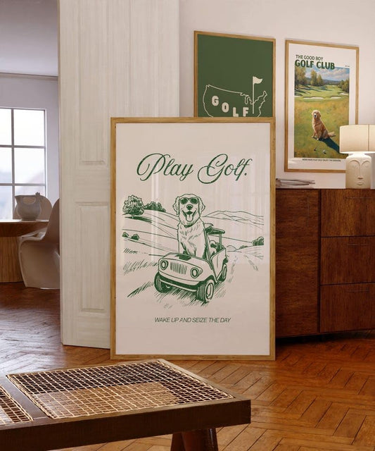 Golf Wall Art Print, Play Golf Poster with Golden Retriever in Cart, Retro Sketch Artwork, Trendy Sports Decor, Inspirational Golf Quote Print, for Dog Lovers (Unframed) (16x24)