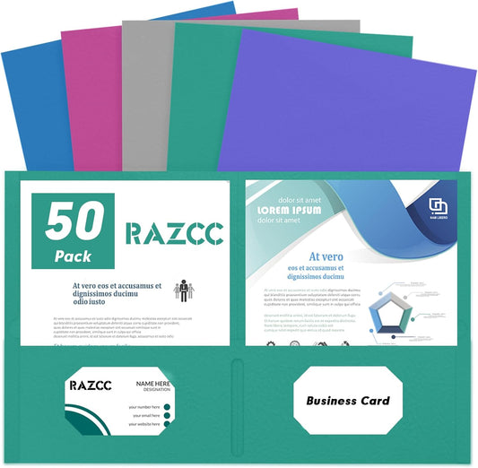 50 Pack 2 Pocket Folders - Fit Letter Size Paper, Assorted 5 Colors